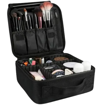 Practical travel cosmetic case with adjustable compartments, black