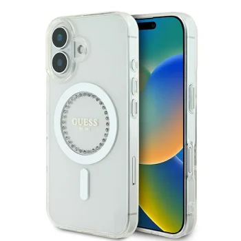 Guess IML Rhinestones MagSafe dėklas telefonui iPhone 16, baltas