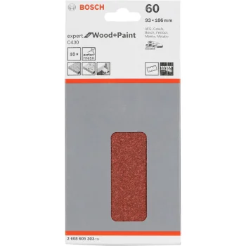 Bosch C 430 Sanding Sheets for Wood and Lacquer 93x186 mm, Grit 60, 8 Holes, 10 pcs