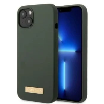 Guess Silicone Logo Plate MagSafe Case for iPhone 13, Green