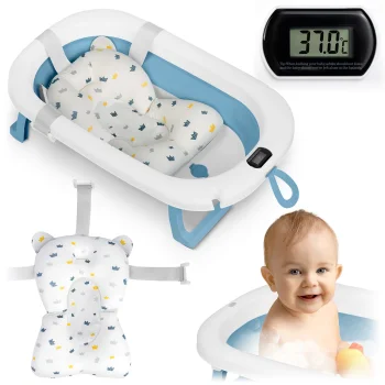 Ricokids RK-287 Foldable Baby Bath with Thermometer and Cushion, White/Blue