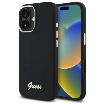 Dėklas Guess Silicone Script Metal Logo & Frame skirtas iPhone 16, juodas