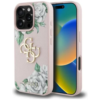 Guess Grained Roses Big 4G Logo Case for iPhone 16 Pro - Pink