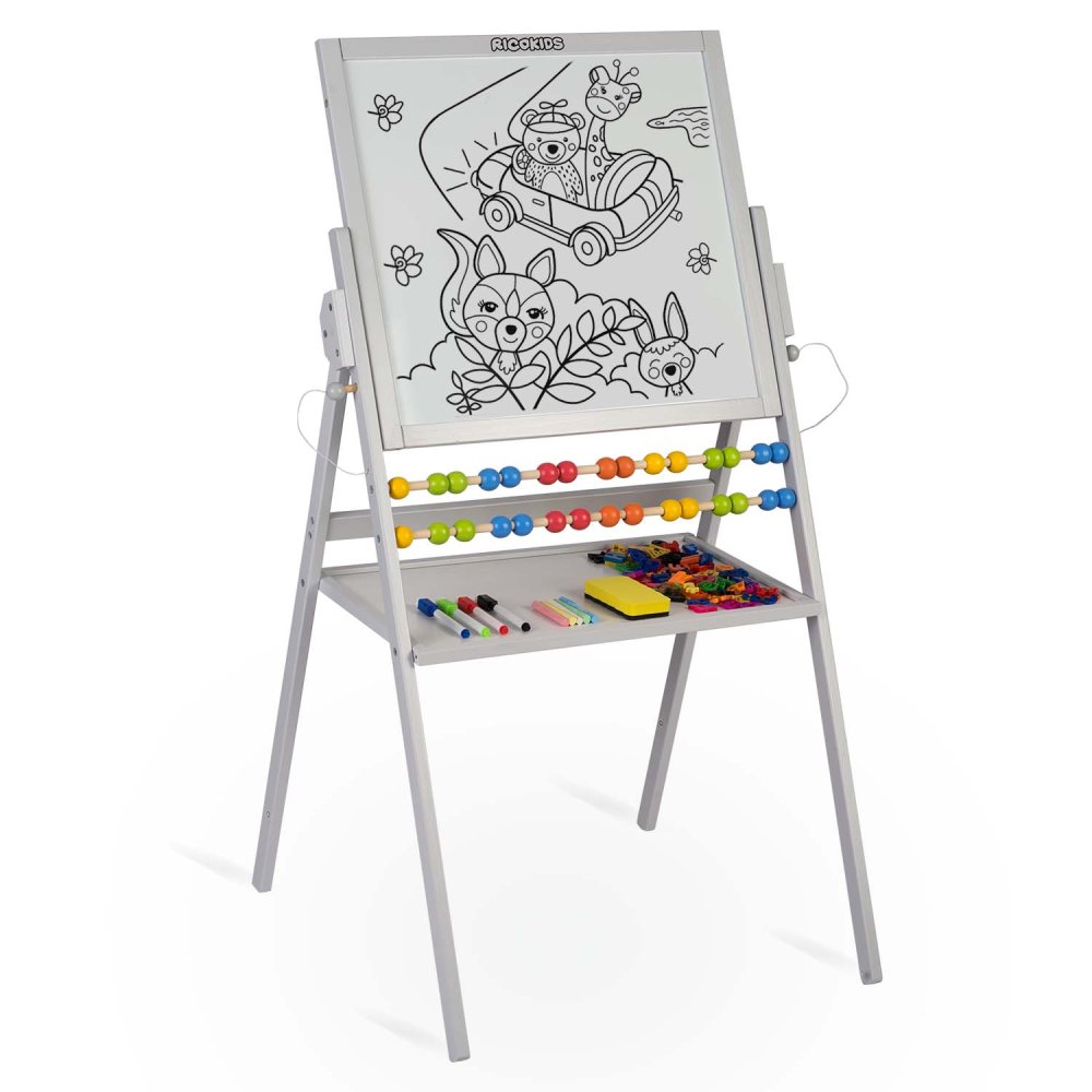 Ricokids Double-Sided Magnetic Kids Art Easel with Chalkboard, Grey (2)