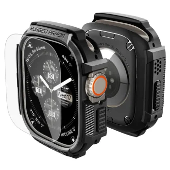 Spigen Rugged Armor dėklas ir 9H apsauginis stiklas Apple Watch Ultra (49 mm), Matte Black