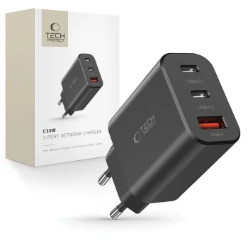 Tech-Protect NC30W Wall Charger 2x USB-C PD 30W / USB-A QC 3.0 - Black
