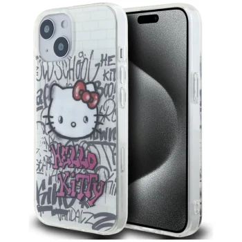 Hello Kitty iPhone 15 Case IML Kitty On Bricks Graffiti, White
