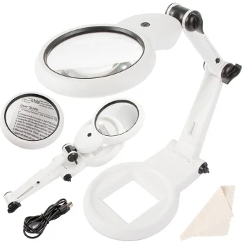Large Desktop Jeweler Magnifier 12x 8x with 18 LED USB, White/Black