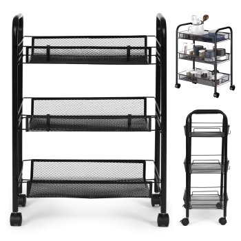 ModernHome 3-Tier Metal Utility Cart on Wheels for Storage, Black