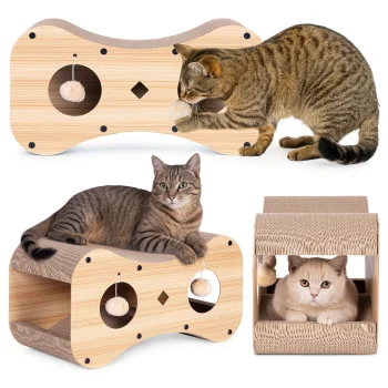 Petsi Cardboard Cat Scratcher House with Pom-Poms