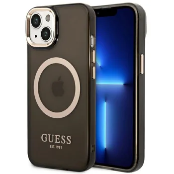 Guess Case for iPhone 14 Plus Black Gold Outline Translucent MagSafe