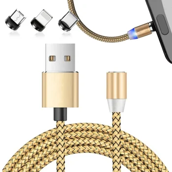 Magnetic Charging Cable 3-in-1 (Micro USB, Type-C, Lightning), 1m, Gold