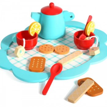 Kids Toy Tea Set Wooden Tableware Kit Pretend Play Accessories, 17 pcs