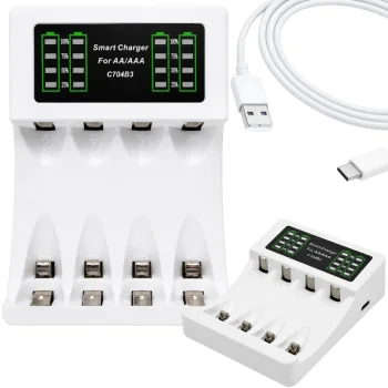 Maxday C704B3 AA/AAA Battery Charger, USB-C, LCD, White
