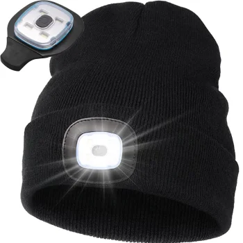 Winter/Autumn Beanie with Built-in LED Flashlight, USB Charging, 3 Modes, Black