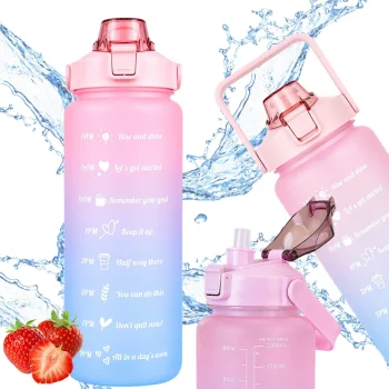 Motivational Water Bottle with Straw 2000 ml, Pink-Blue