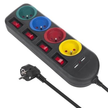 Maclean MCE229 B Power Strip, 4 Outlets, 2xUSB, 1.5m, Black