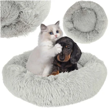Plush Donut Calming Pet Bed for Dogs and Cats 60 cm, Light Grey