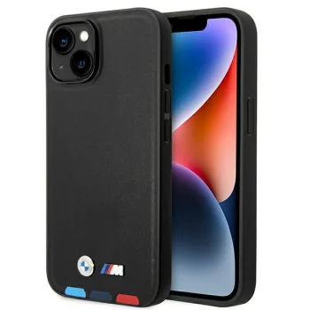 BMW iPhone 14 Case Leather Stamp Tricolor MagSafe, Black