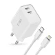 Tech-Protect C35W 2x USB-C PD 35W Wall Charger with USB-C - Lightning Cable - White