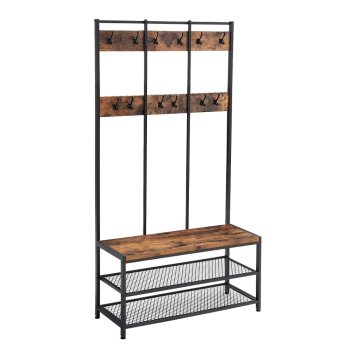 Leobert Coat Rack with Shoe Shelves, 100x40x186 cm, Rustic Brown/Black