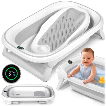 Nukido Nk-279 Foldable Baby Bathtub with Thermometer and Insert, White-Grey