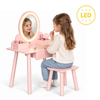 Kids Wooden Vanity Table with LED Mirror and Stool ECOTOYS, Pink
