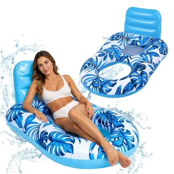 Inflatable Floating Lounge Chair with Backrest and 2 Cup Holders, Blue/White