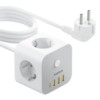 Baseus PowerCombo 7 in 1 Power Strip Cube, 3 AC + 3 x USB-A + 1 x USB-C, 20W, 1.5m, White