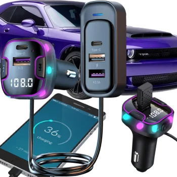 Bluetooth FM Transmitter Car Adapter 12-24V with USB and USB-C Charger