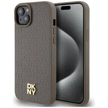 DKNY iPhone 15 Case Leather Monogram MagSafe, Brown