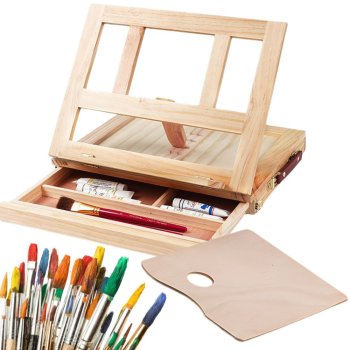 Wooden Tabletop Easel Box with Storage Drawer and Adjustable Tilt for Artists