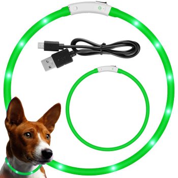 LED light-up collar for dogs and cats, adjustable, USB, 47cm, green