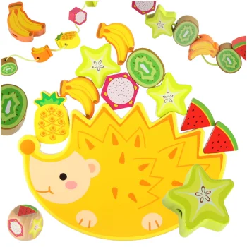 Wooden Balancing Game and Lacing Toy Hedgehog with Fruits