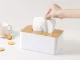 Tissue Box Holder with Bamboo Lid, Modern Dispenser for Bathroom and Office, White