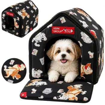 Foldable Dog and Cat House Bed with Removable Mat L, Black