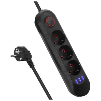Maclean MCE394 B Power Strip, 3 Outlets + 3xUSB, 1.5m, 2500W, Black