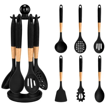 Black Silicone Kitchen Utensils Set with Stand, 6 Pieces