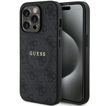Apple iPhone 15 Pro 6.1'' Guess 4G Collection Leather Metal Logo MagSafe Case Cover, Black