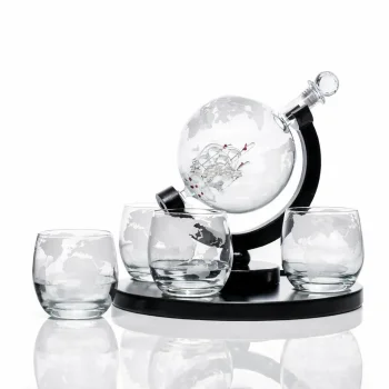 Whiskey Decanter Globe Set 850ml with 4 Etched Glasses and Stones