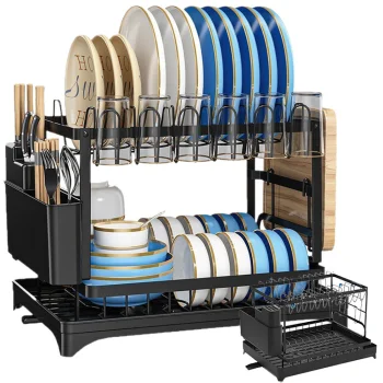2-Tier Dish Drying Rack with Drain Tray and Utensil Holders, Black
