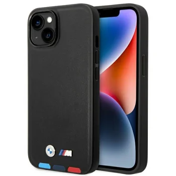BMW iPhone 14 Case Leather Stamp Tricolor, Black