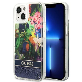 Guess Flower Liquid Glitter Case for iPhone 14, Blue