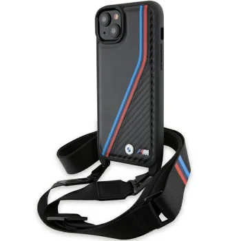 BMW iPhone 15 / 14 / 13 Case M Edition Carbon Tricolor Lines & Strap, Black