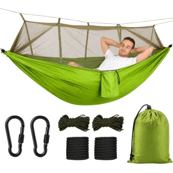 Green Double Camping Hammock with Mosquito Net (250x140 cm, 150 kg)