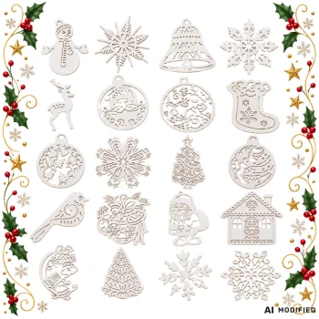 Wooden Christmas Tree Ornaments, Decorations, 20 Pcs, White