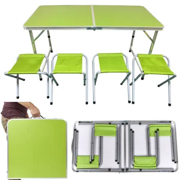 Folding Camping Table Set with 4 Chairs, 120x60 cm, Green