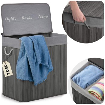 Bamboo Laundry Basket Massido 150 L, 3 Compartments, with Lid