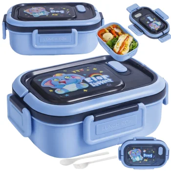 Blue Lunch Box with 3 Compartments and Cutlery