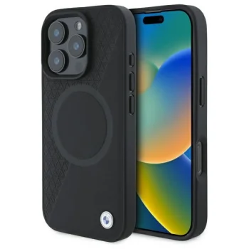 BMW iPhone 16 Pro Max Case Sign Leather Half Textured MagSafe, Black